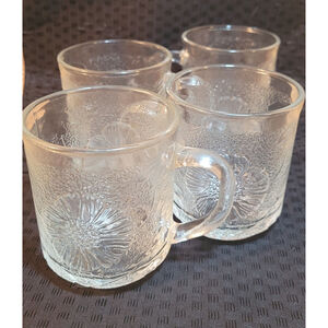 Set Of 4 Vintage Clear Glass Mugs Cups W Handle Embossed Flower Design Indonesia
